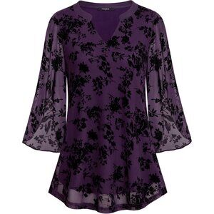 👑 Women Deep Violet 3/4 Sleeve V Neck Stretch Lose Fit Double Layers Tunic Tops